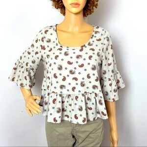 Peach Royal Paisley Ruffle Blouse – Cream/Orange, Fits Like Small